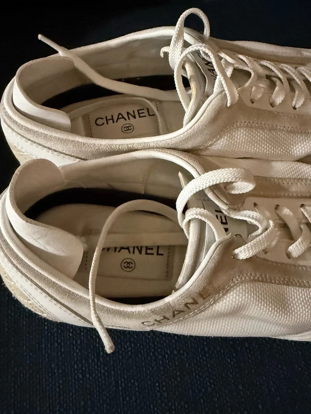 CHANEL Cream Lace-Up  Sneakers